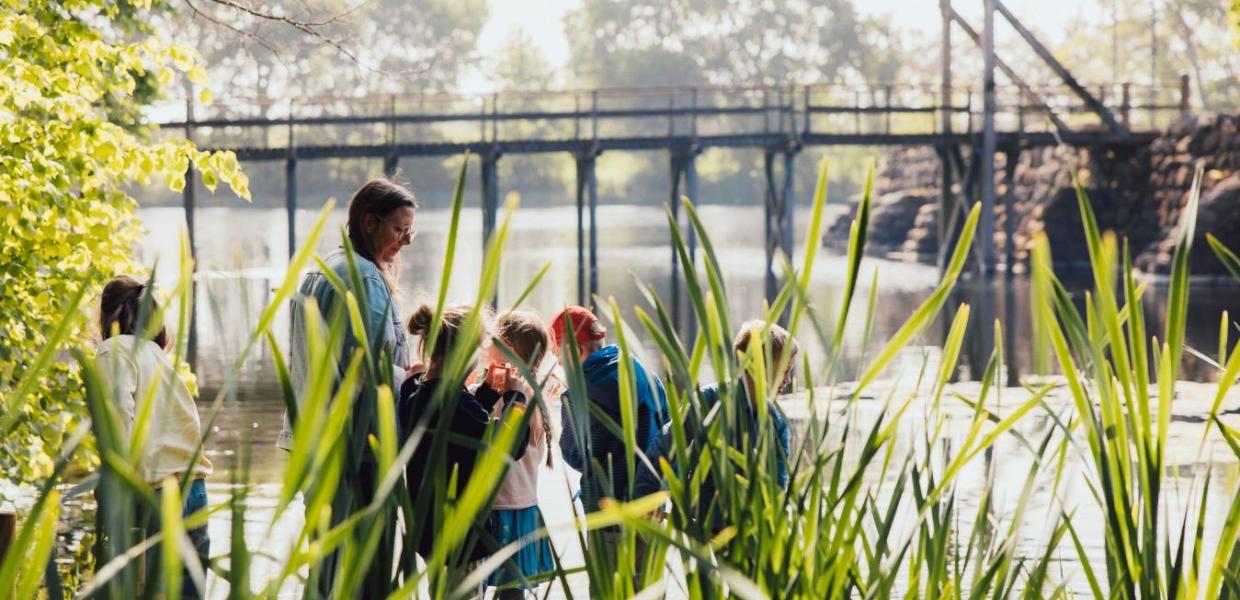 Voksen formidler til skoleklasse ved vandkanten